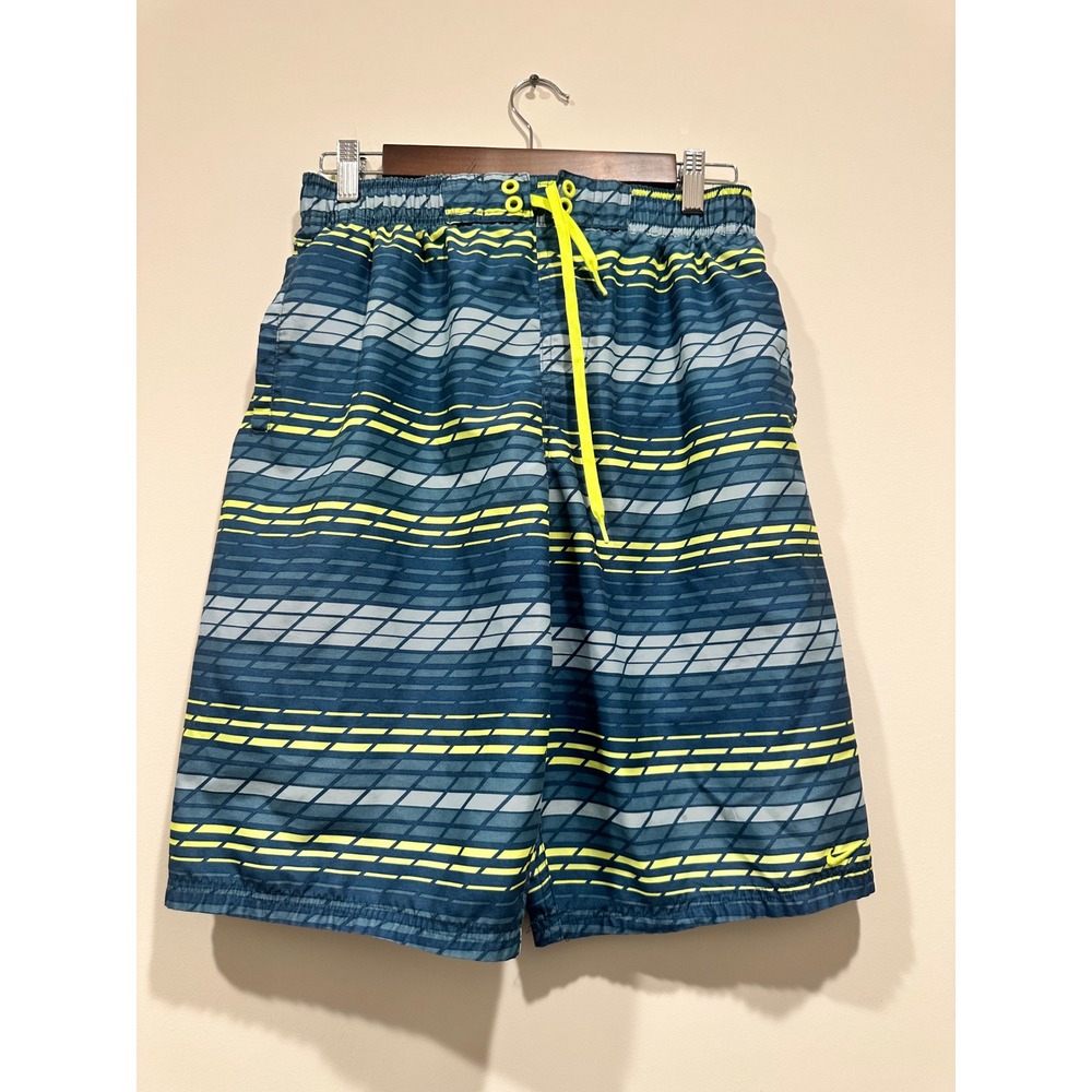 Nike Mens Swim Trunks Blue Neon Yellow Striped Board Shorts Size S Small